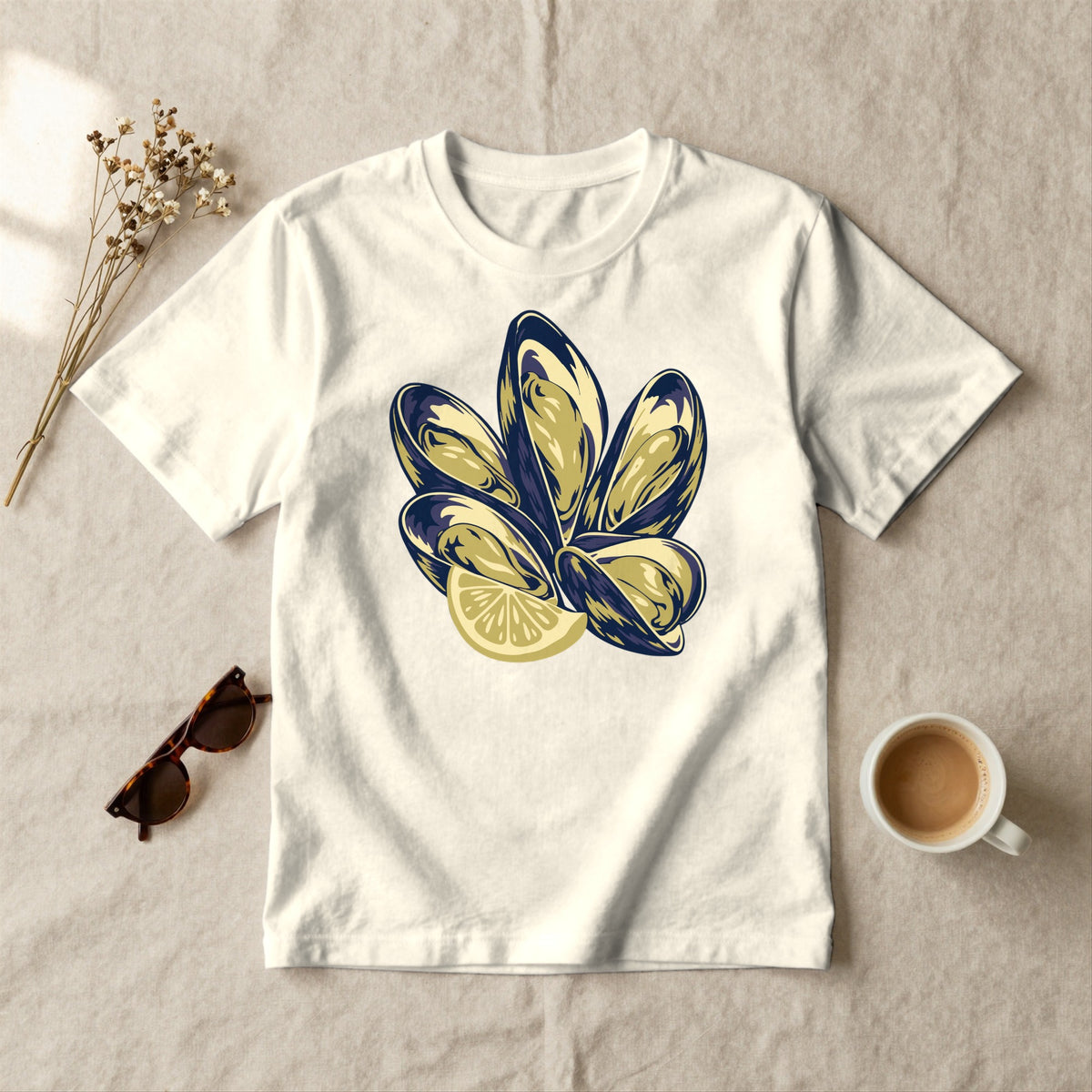 Mussels and Lemon - styled flat lay · ivory