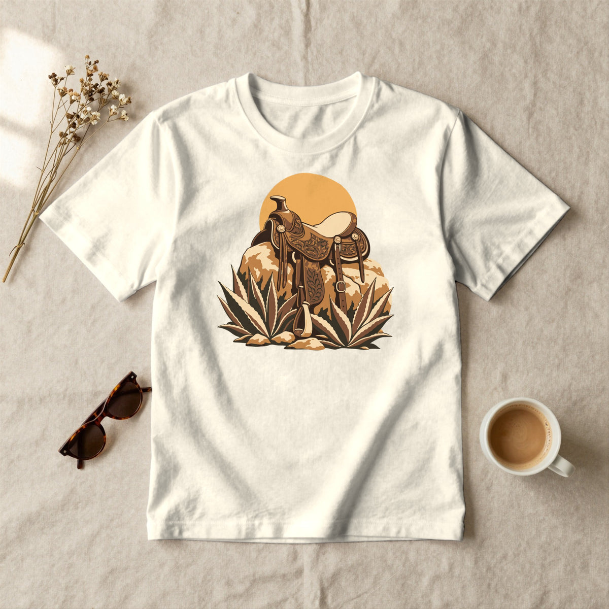 Saddle at Sunset - styled flat lay · ivory