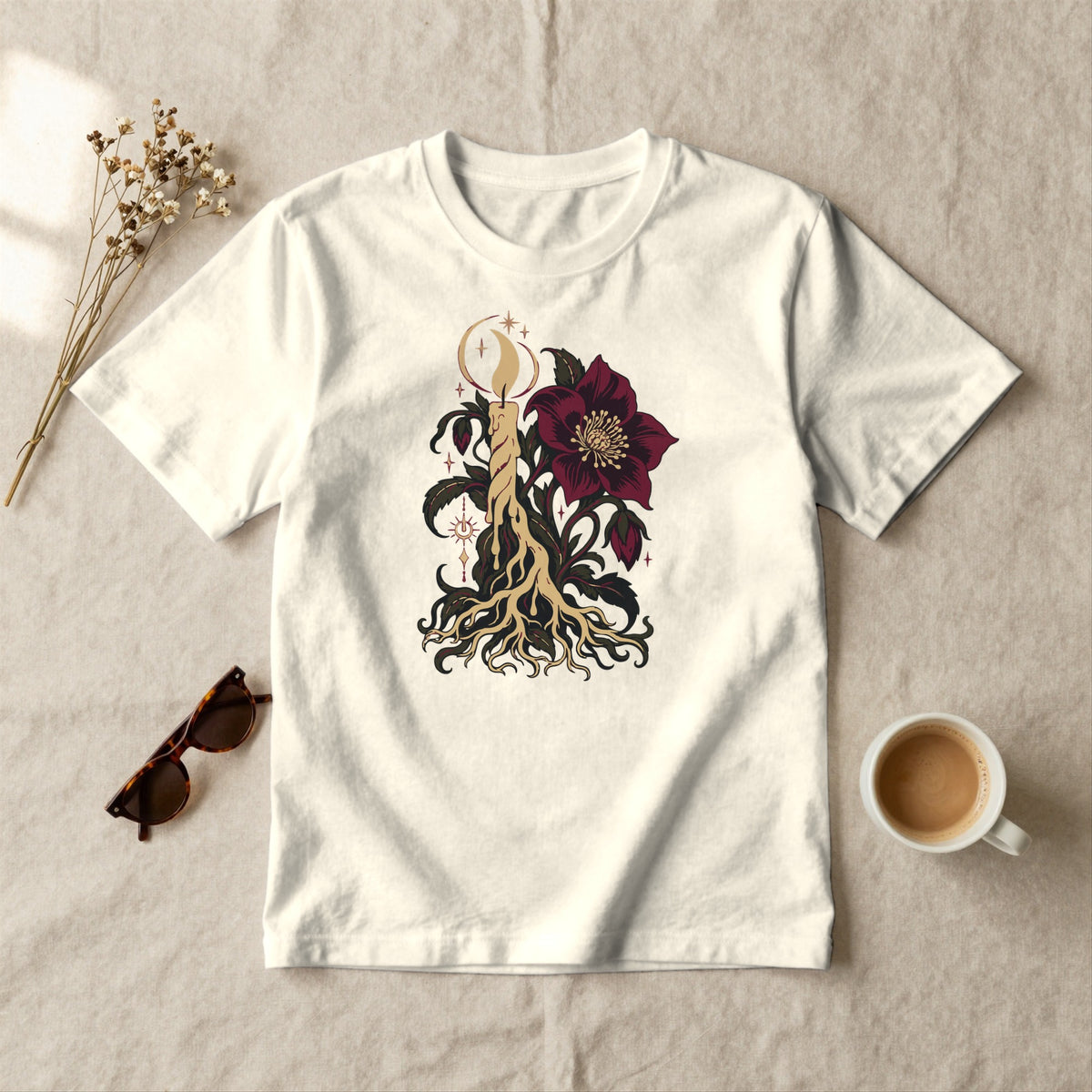 Hellebore Candle - styled flat lay · ivory