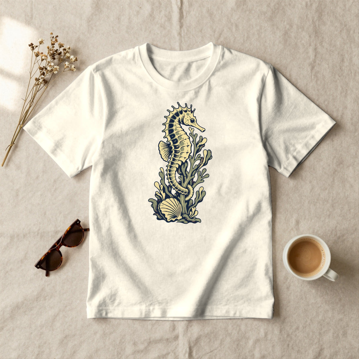 Seahorse and Kelp - styled flat lay · ivory