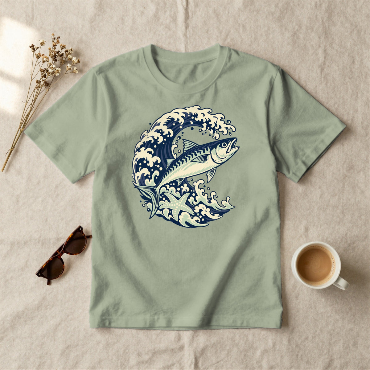 Mackerel Wave - styled flat lay · sage