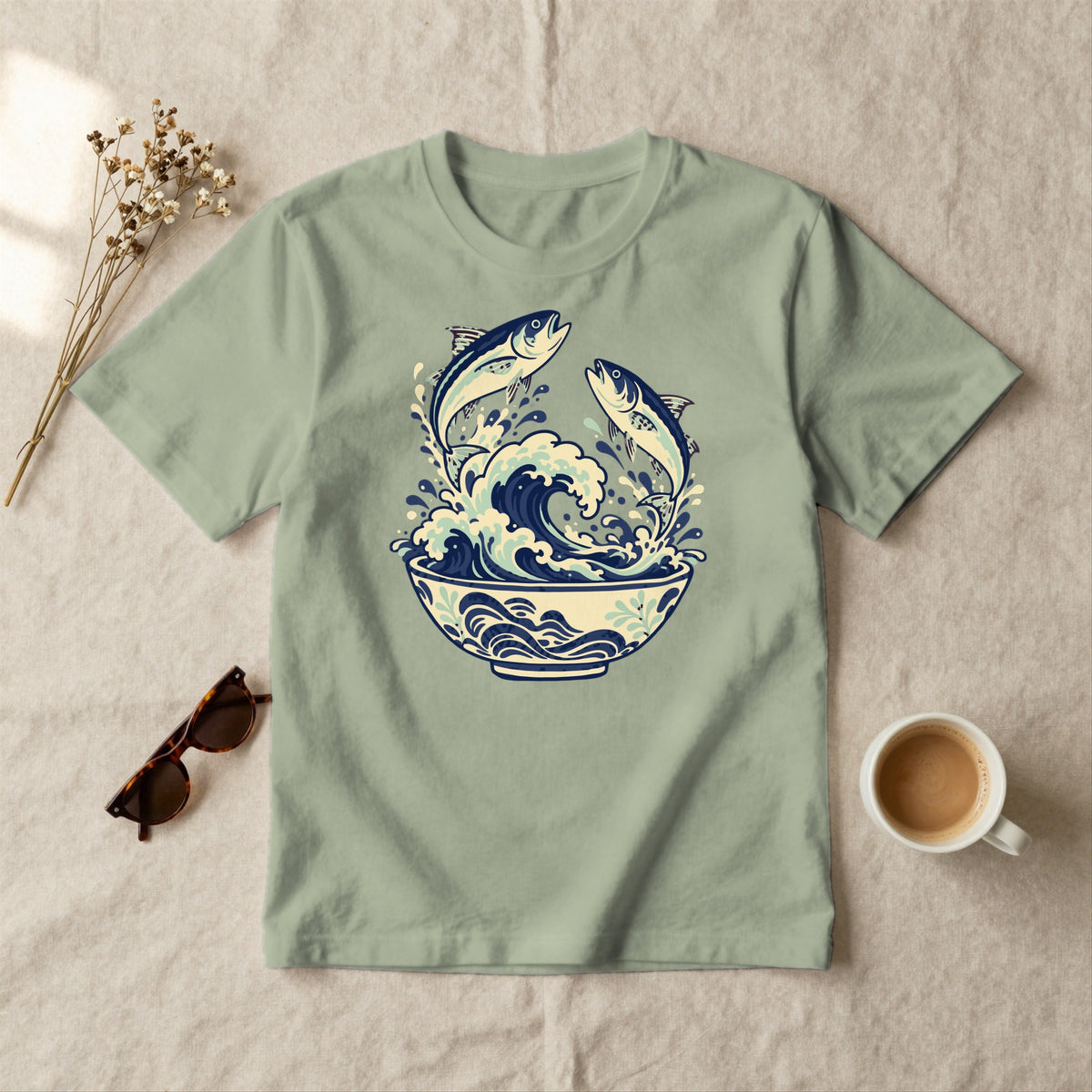 Leaping Fish Wave Bowl - styled flat lay · sage