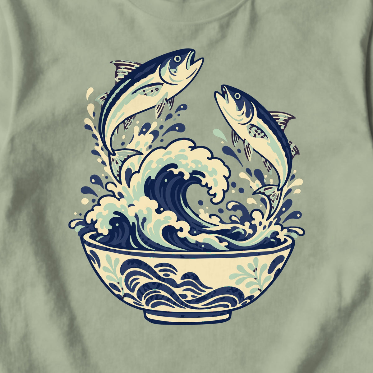 Leaping Fish Wave Bowl - design close-up · sage