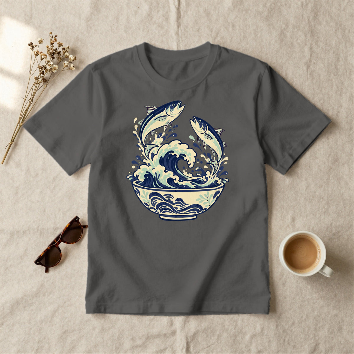 Leaping Fish Wave Bowl - styled flat lay · pepper
