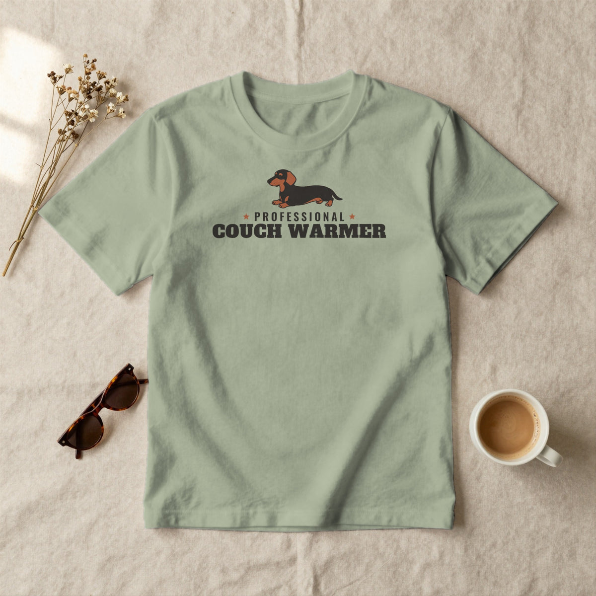 Professional Couch Warmer - styled flat lay · sage