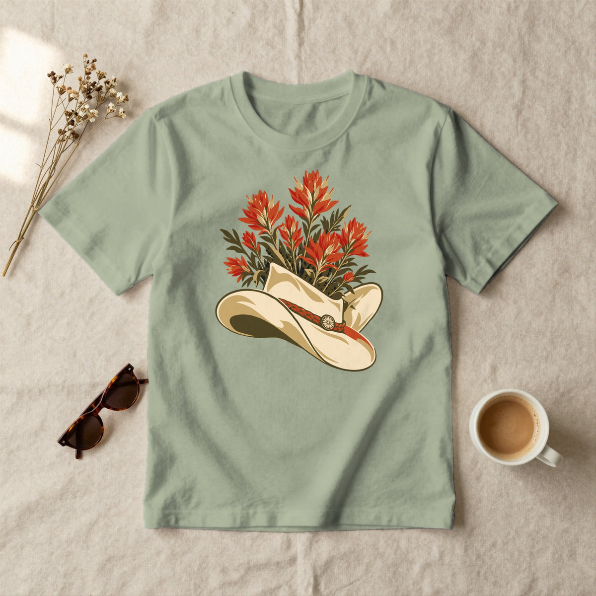 Wildflower Cowboy Hat - styled flat lay · sage