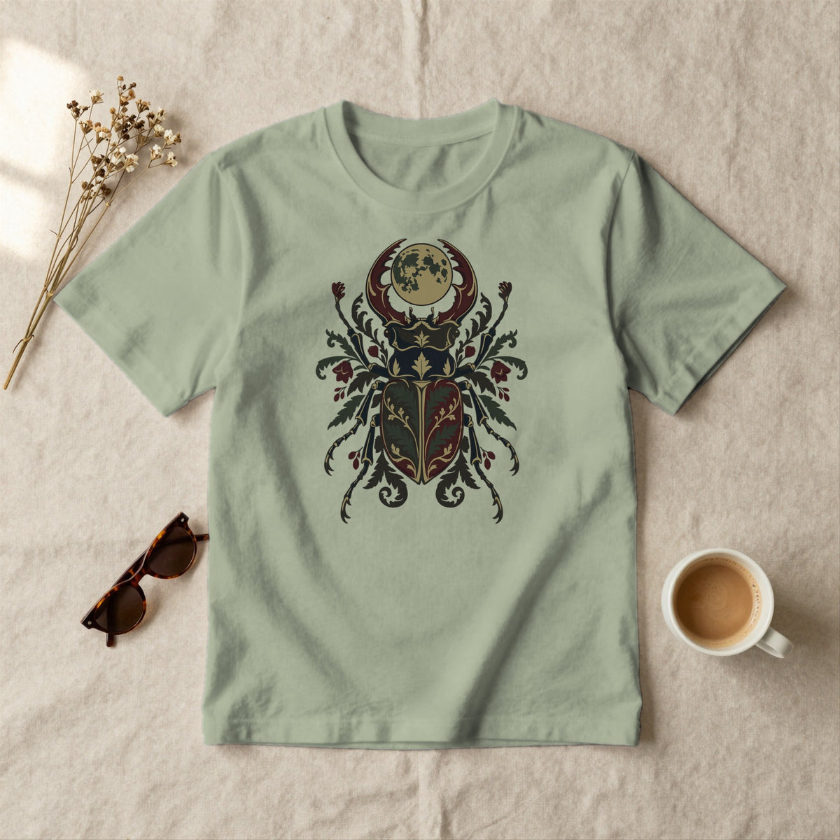 Moon Beetle - styled flat lay · sage