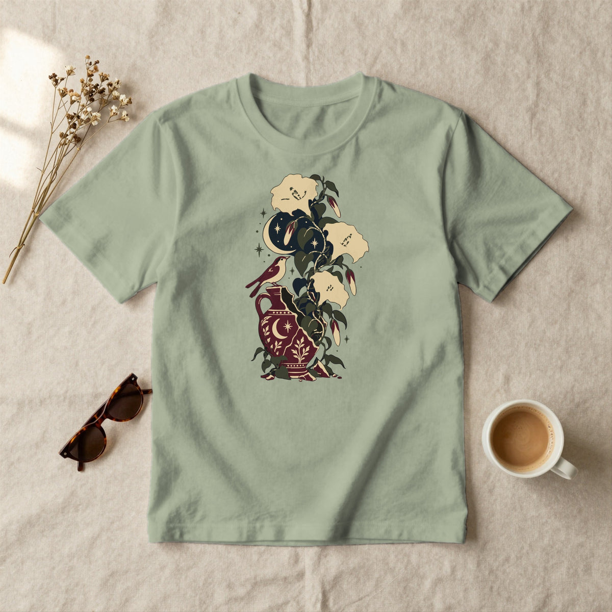 Moonflower Vase - styled flat lay · sage