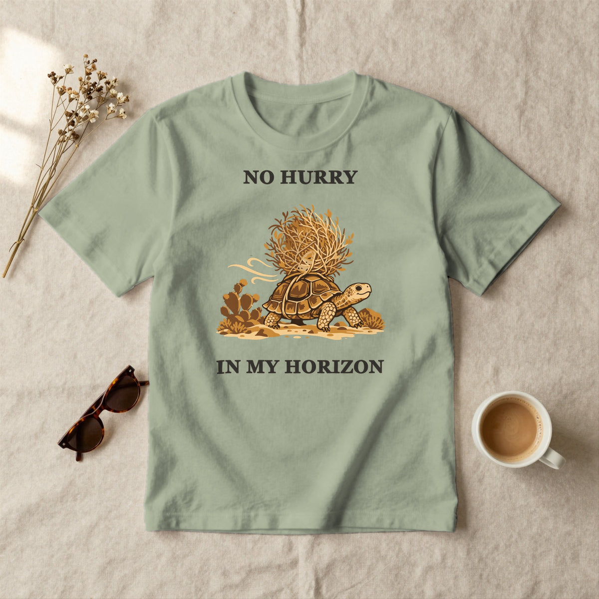 No Hurry in My Horizon - styled flat lay · sage