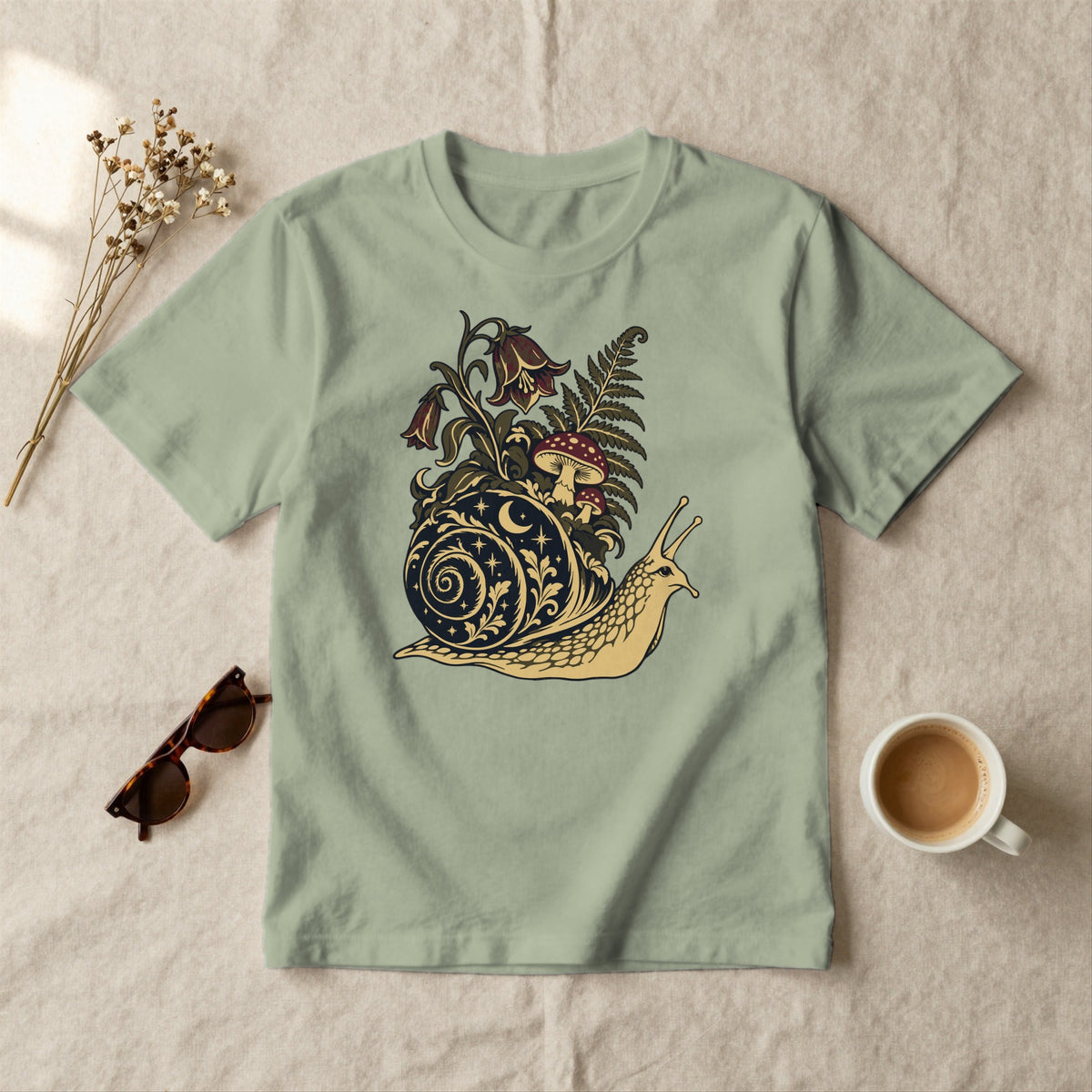 Night Garden Snail - styled flat lay · sage
