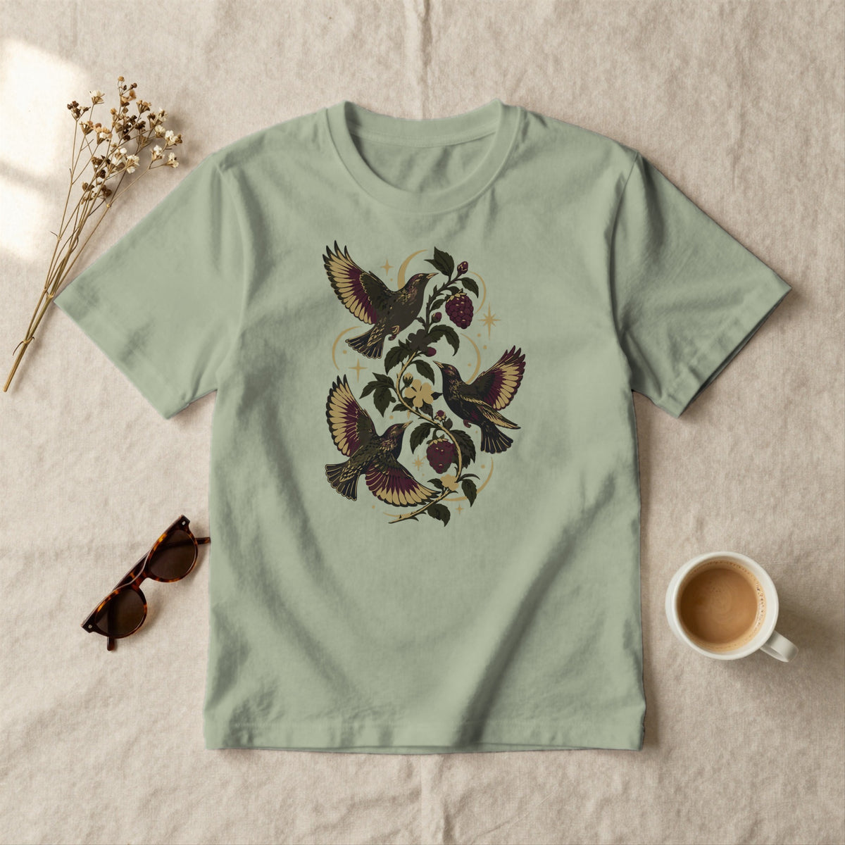 Blackbirds and Bramble - styled flat lay · sage