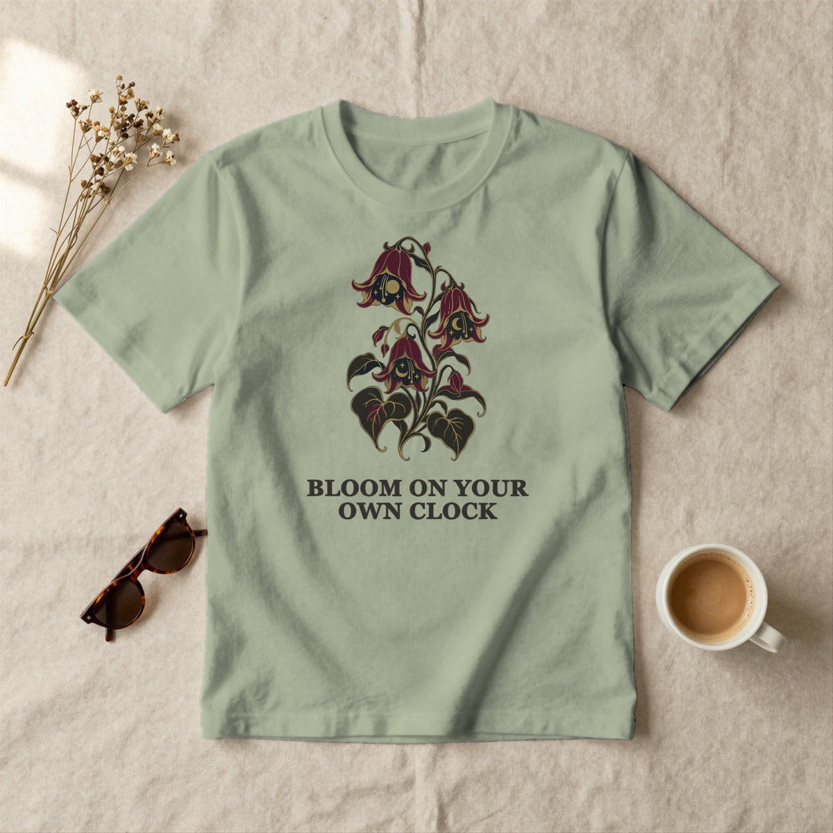 Bloom on Your Own Clock - styled flat lay · sage