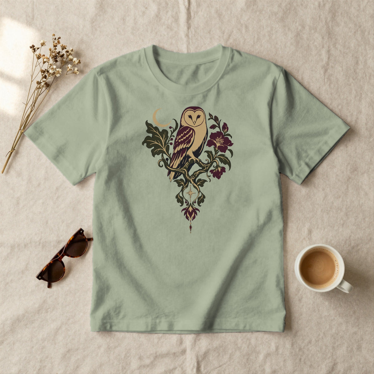 Barn Owl Crescent - styled flat lay · sage