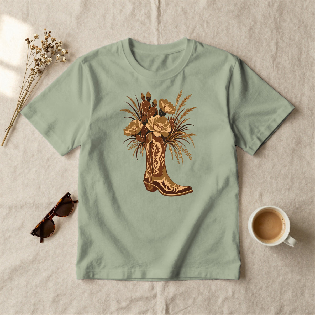 Wildflower Cowboy Boot - styled flat lay · sage