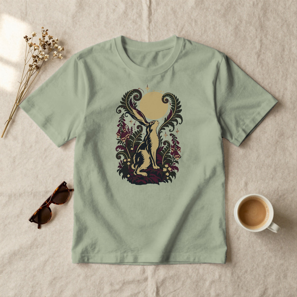Moon-Gazing Hare - styled flat lay · sage