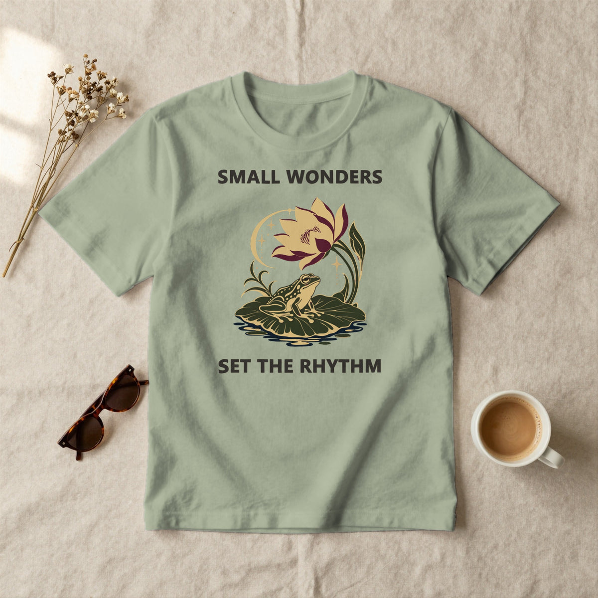 Small Wonders Set the Rhythm - styled flat lay · sage