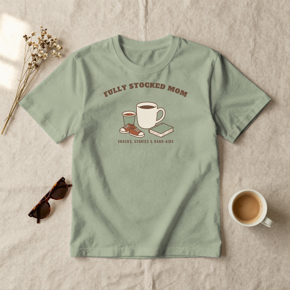 Fully Stocked Mom - styled flat lay · sage