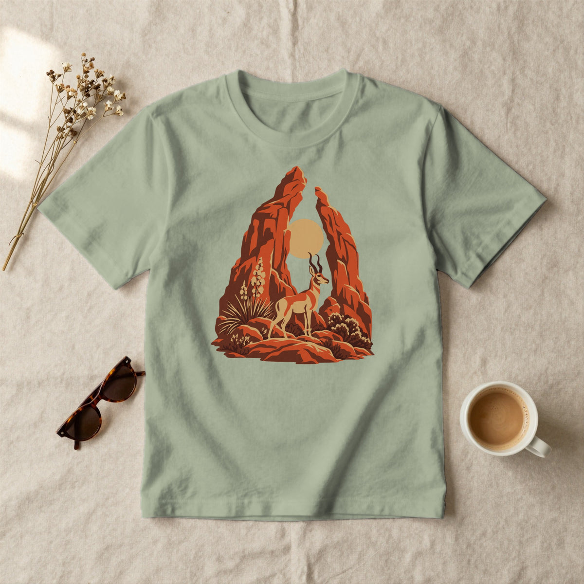 Red Rock Pronghorn - styled flat lay · sage
