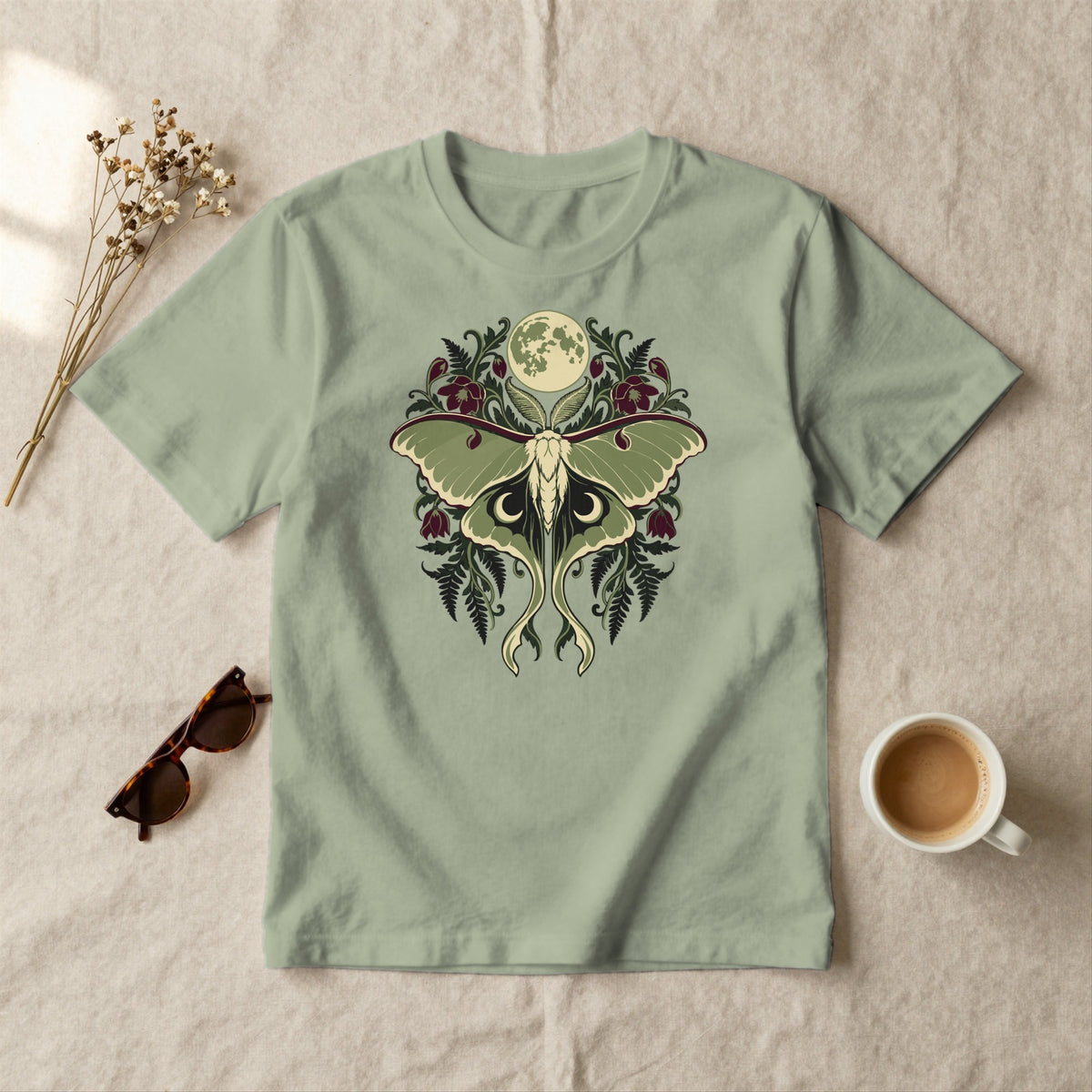 Luna Moth Moon - styled flat lay · sage