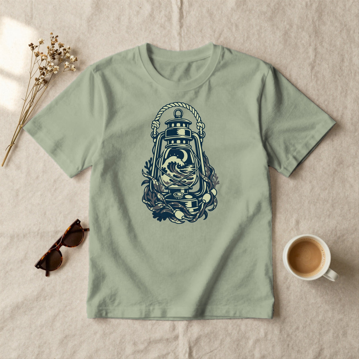 Sea Lantern - styled flat lay · sage