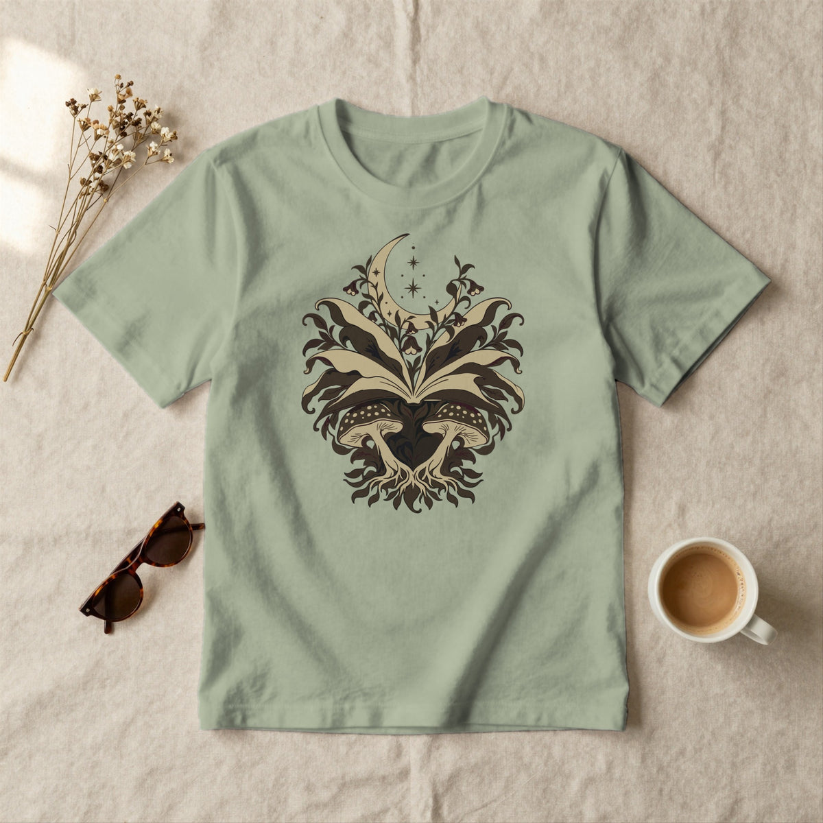 Midnight Toadstools - styled flat lay · sage