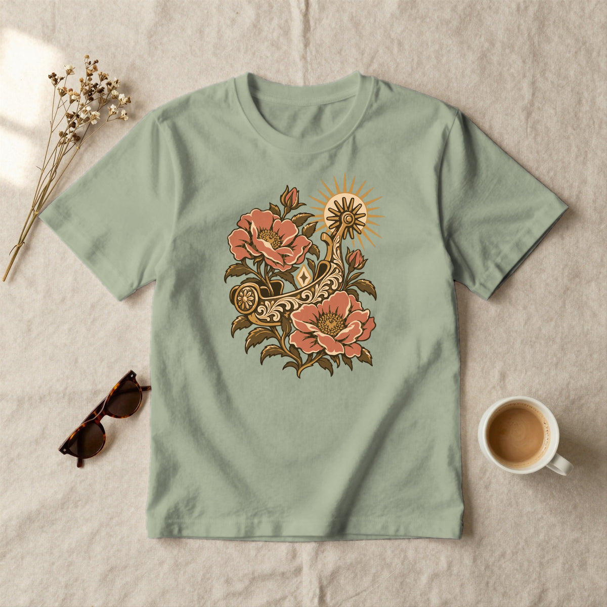 Western Rose Spur - styled flat lay · sage