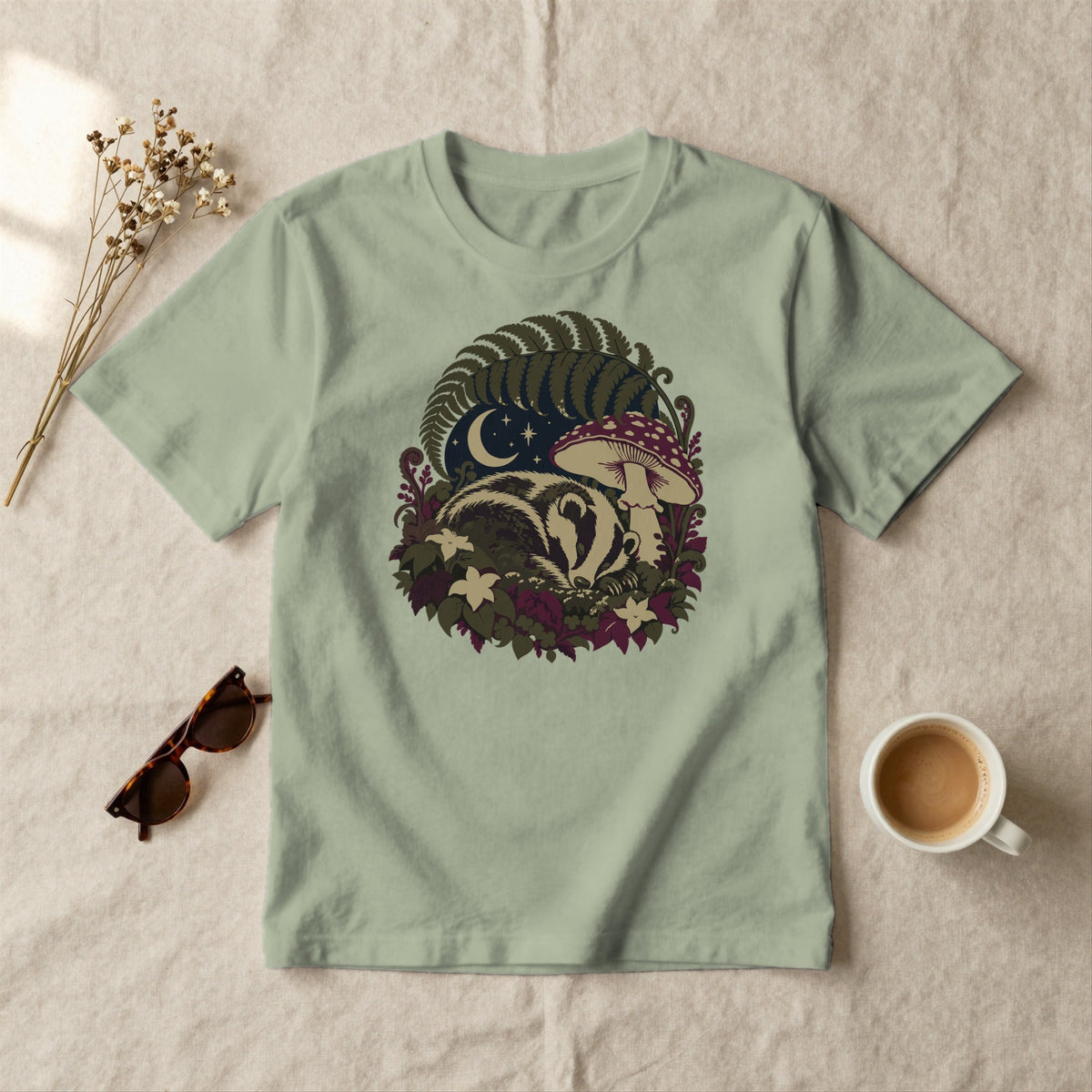 Sleeping Badger - styled flat lay · sage