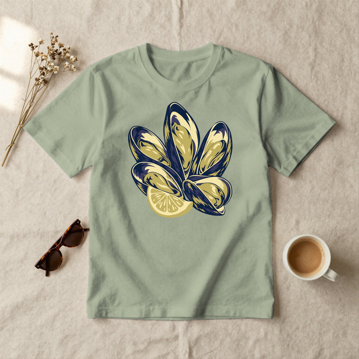 Mussels and Lemon - styled flat lay · sage
